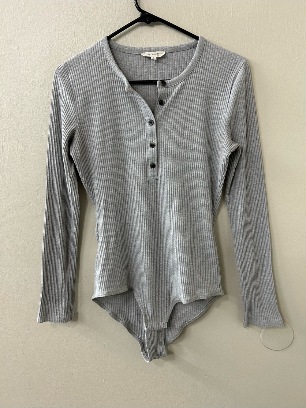 Madewell Ribbed Henley Long-Sleeve Bodysuit Gray Sz M